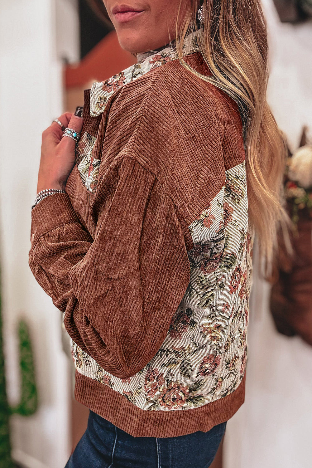 Medium Grey Ribbed Retro Floral Patchwork Jacket