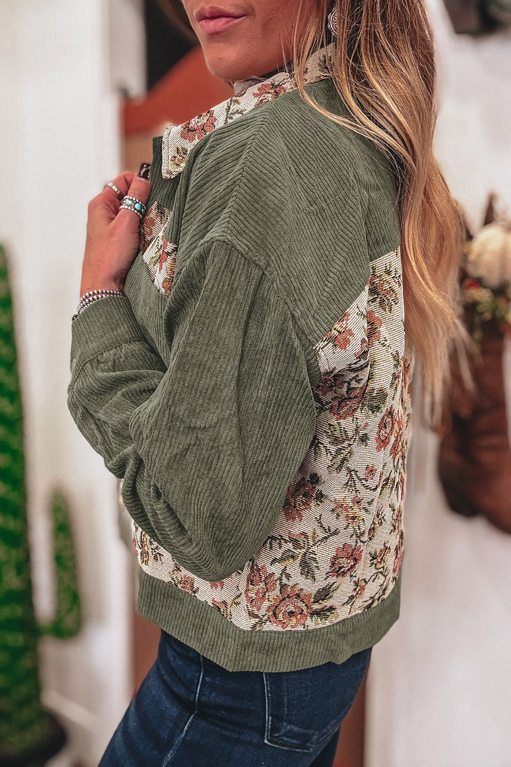Medium Grey Ribbed Retro Floral Patchwork Jacket