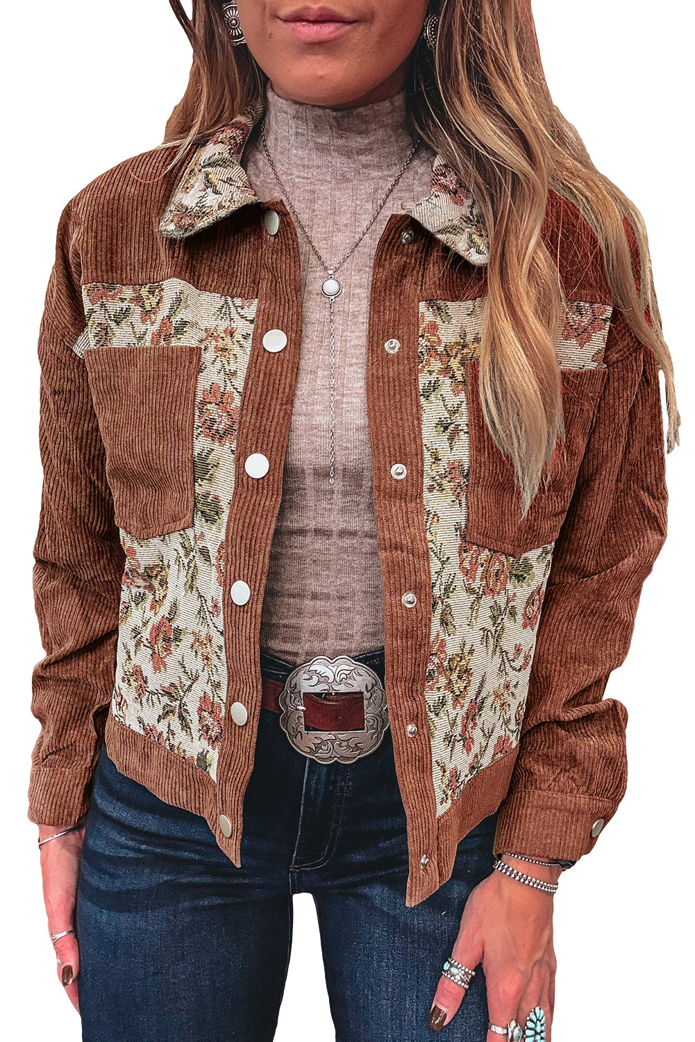 Medium Grey Ribbed Retro Floral Patchwork Jacket