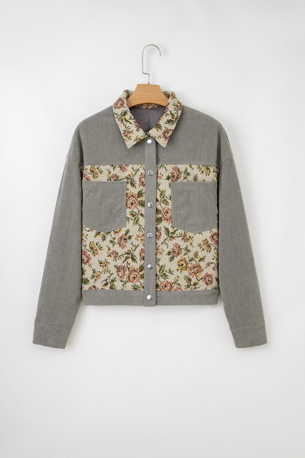 Medium Grey Ribbed Retro Floral Patchwork Jacket