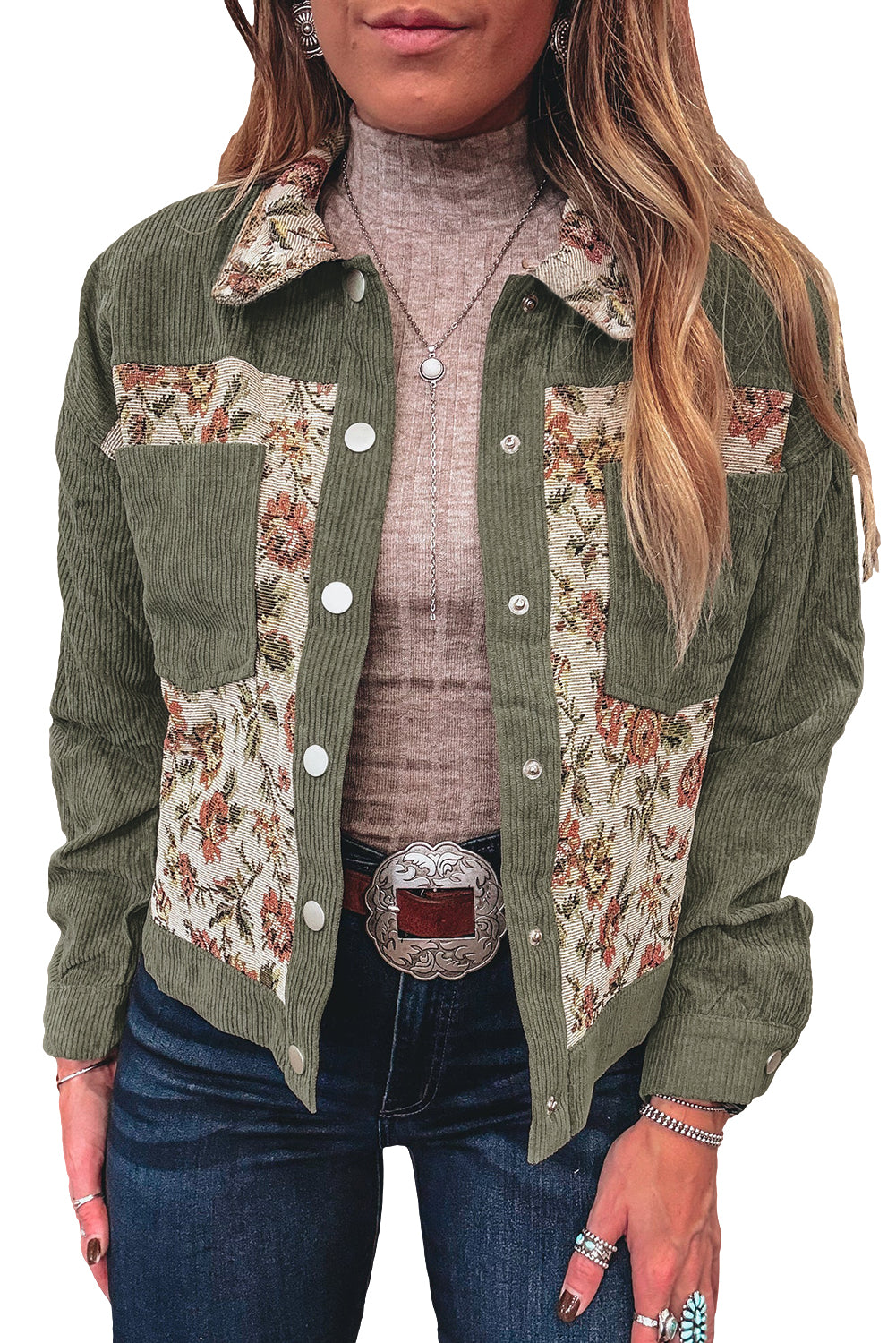 Medium Grey Ribbed Retro Floral Patchwork Jacket
