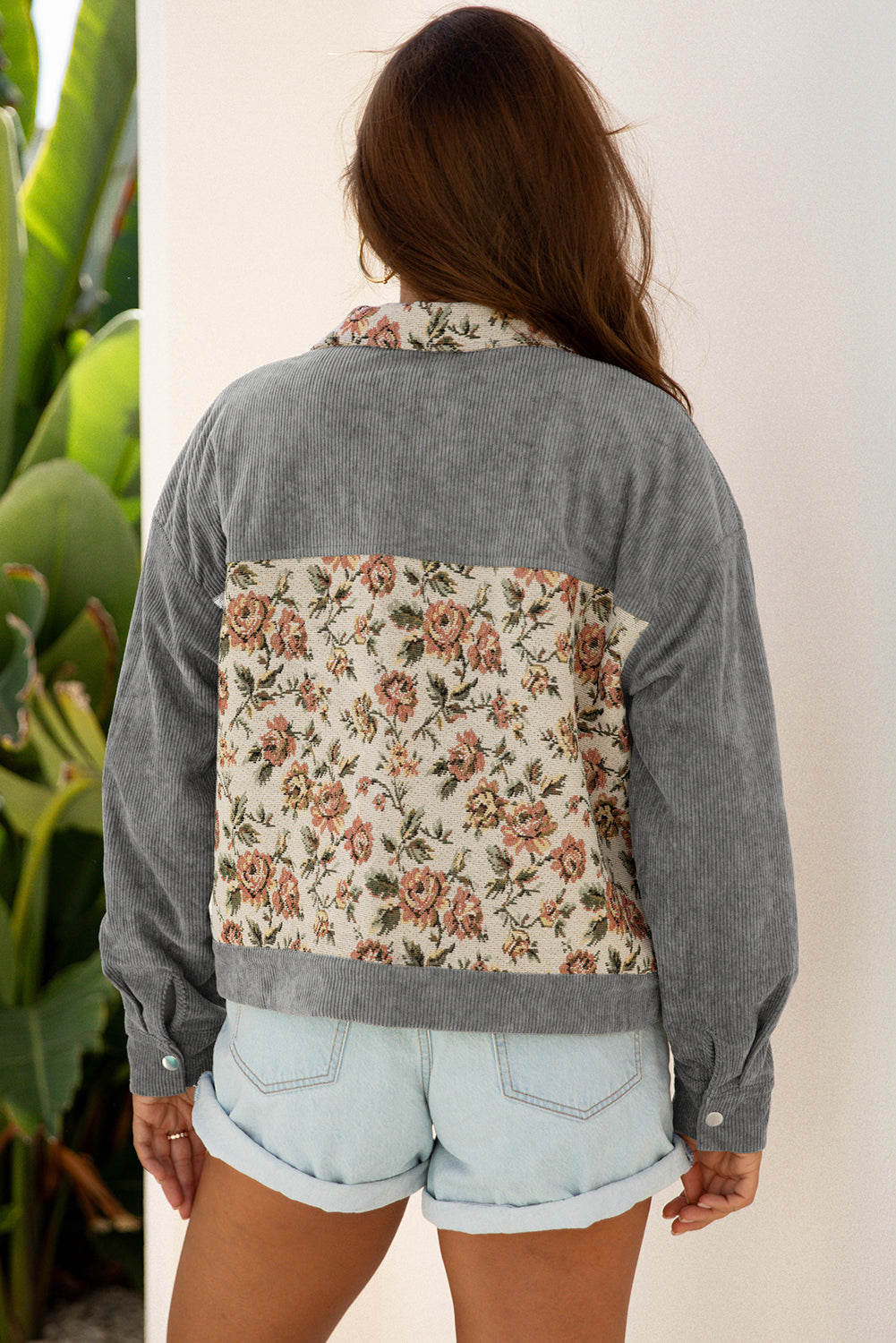 Medium Grey Ribbed Retro Floral Patchwork Jacket