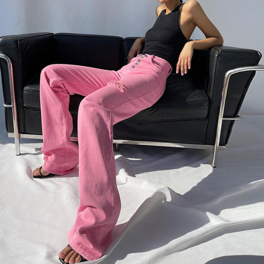 Women's High Waist Ripped Straight Wide Leg Jeans