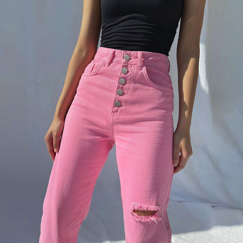 Women's High Waist Ripped Straight Wide Leg Jeans