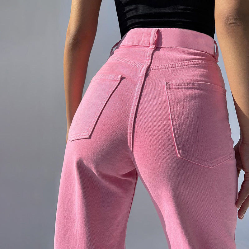 Women's High Waist Ripped Straight Wide Leg Jeans