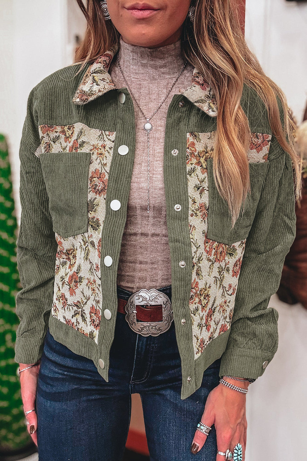 Medium Grey Ribbed Retro Floral Patchwork Jacket