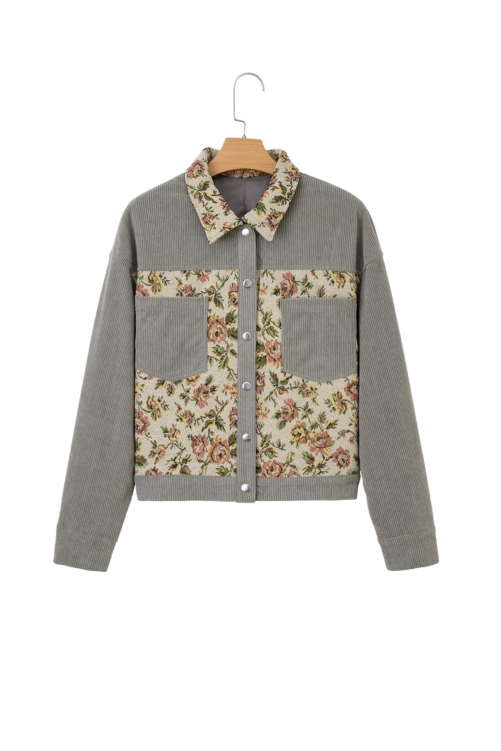 Medium Grey Ribbed Retro Floral Patchwork Jacket