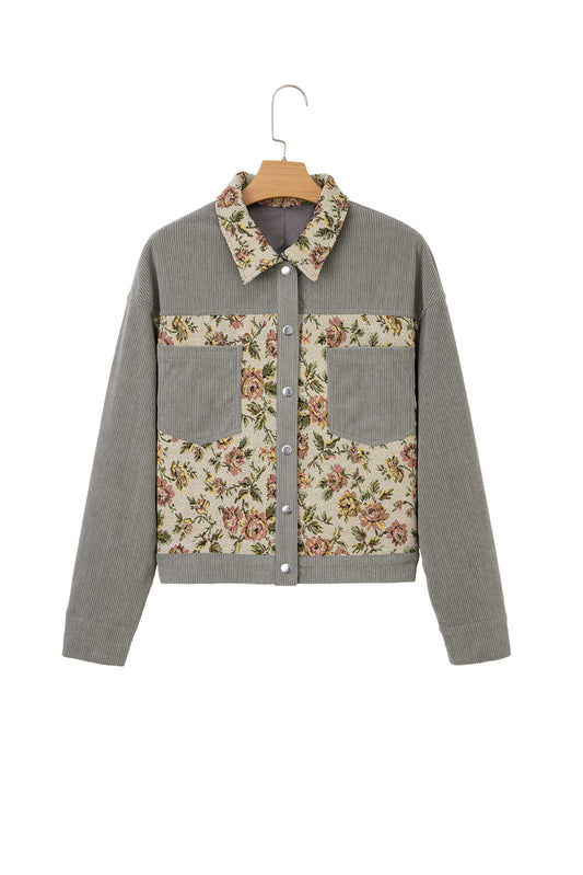Medium Grey Ribbed Retro Floral Patchwork Jacket